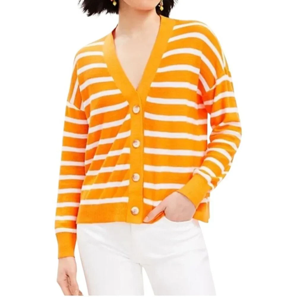 Loft Sherbet Orange White Striped V Neck Lightweight Cardigan Sweater Size L